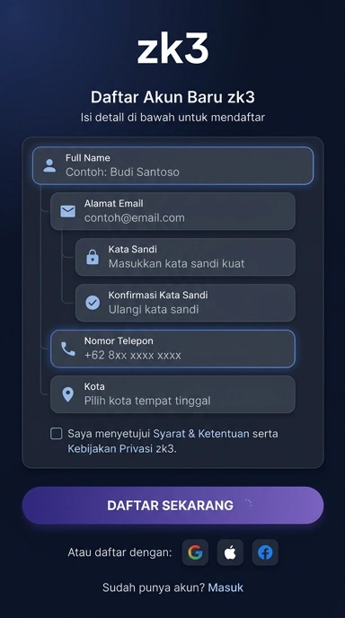 Registrasi Akun Baru zk3 untuk Pengguna Android